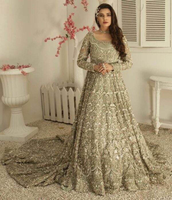 golden bridal gown with long trail