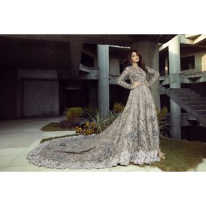 ivory long trail wedding gown with hand work