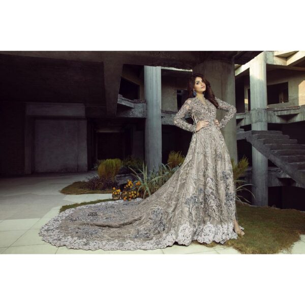 ivory long trail wedding gown with hand work