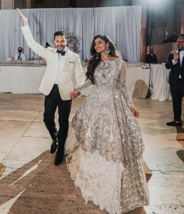 wedding long trail gown with hand work