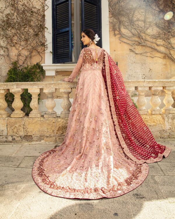 long trail wedding gown with golden embroidery