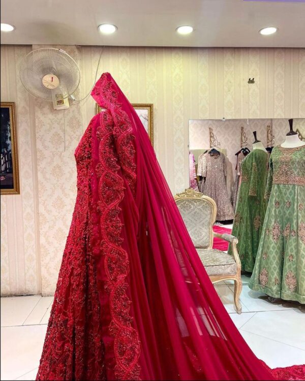 red long trail wedding gown
