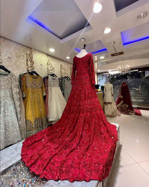 red long trail wedding gown