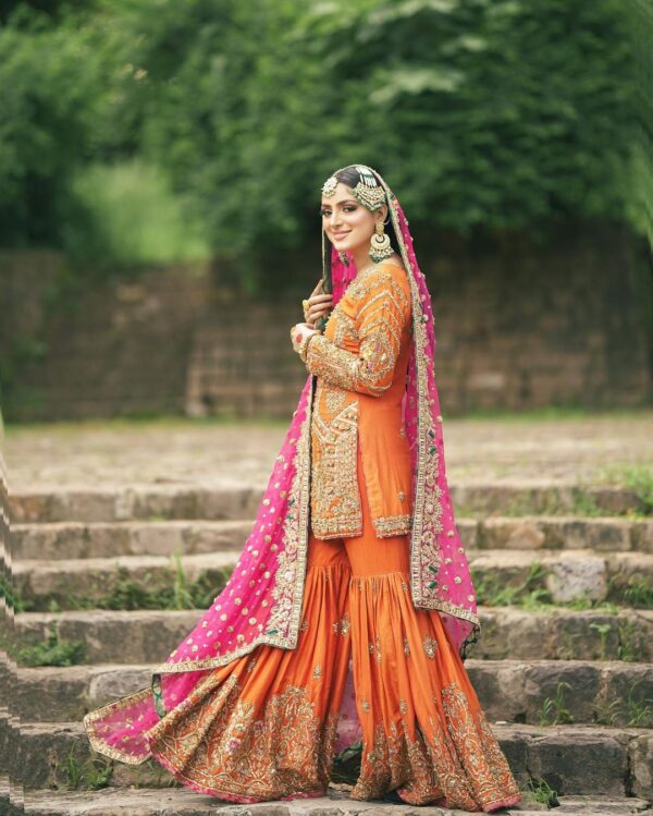 designer sharara suit with golden embroidery