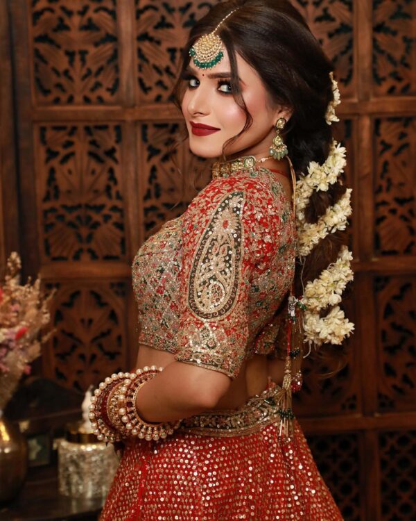 Indian style red bridal lehenga with crop top