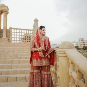 Red bridal garara with golden embroidery