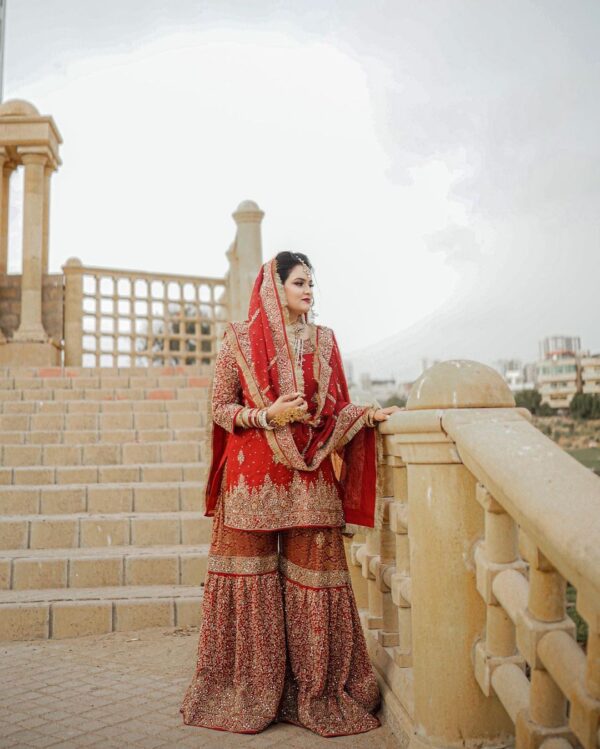Red bridal garara with golden embroidery