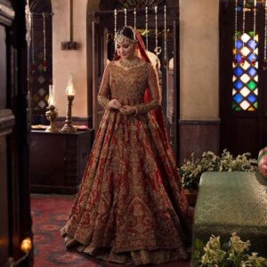 Red long anarkali with lehenga