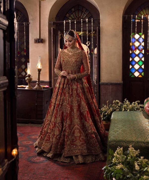 Red long anarkali with lehenga