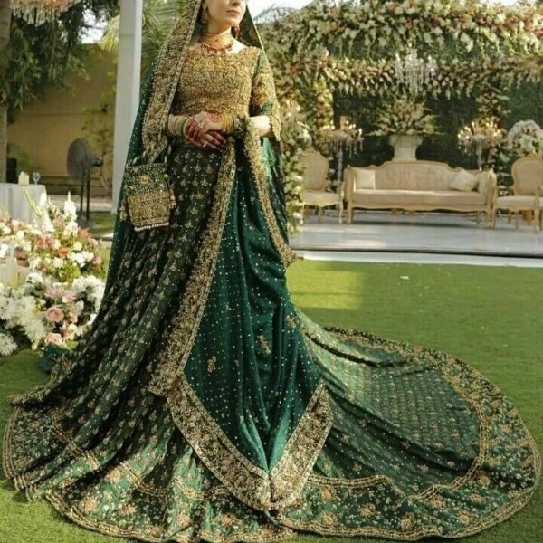 green wedding long trail gown