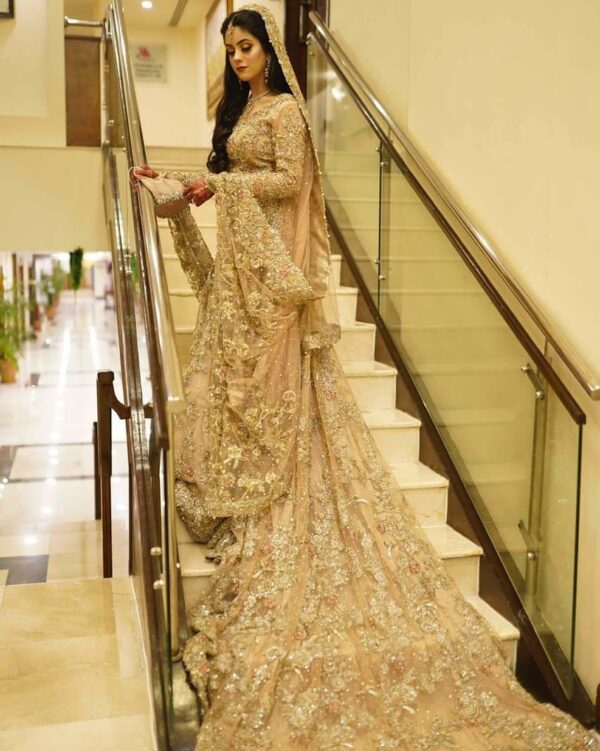 ivory long trail gown with hand work