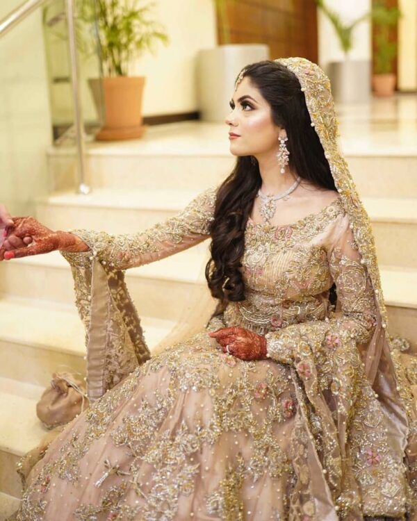 wedding long trail gown with hand work