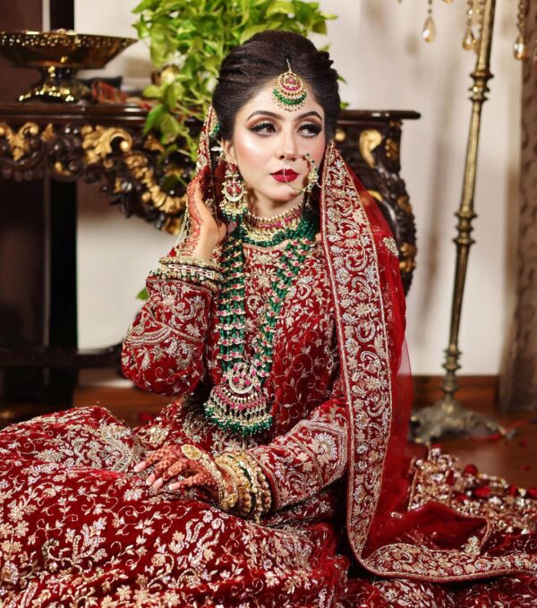 wedding long trail lehenga with golden embroidery
