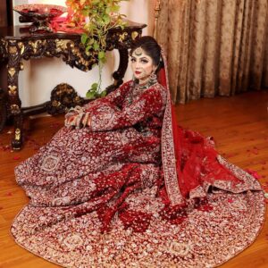 Maroon wedding long trail lehenga