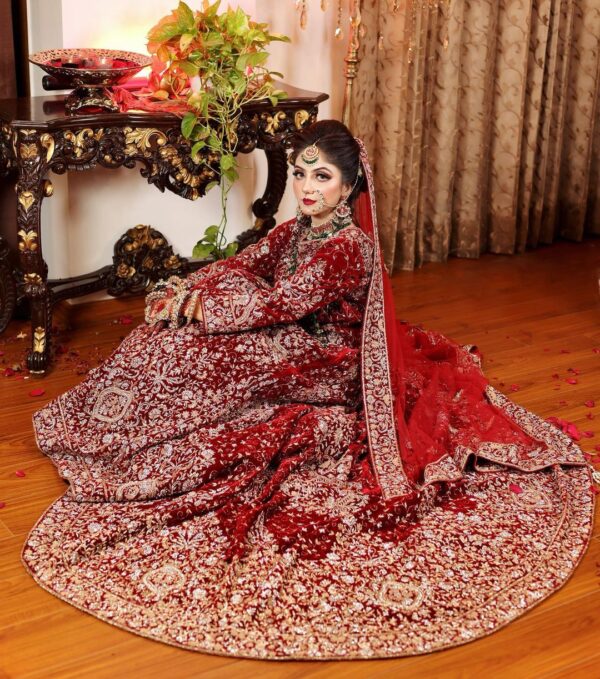 Maroon wedding long trail lehenga