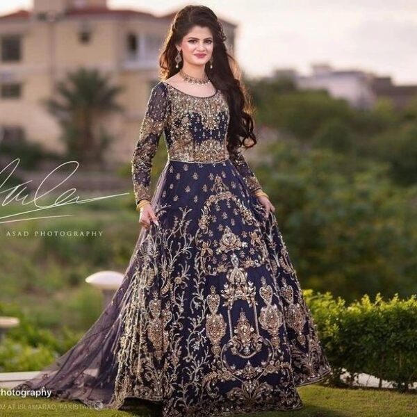 Blue long trail gown with hand work