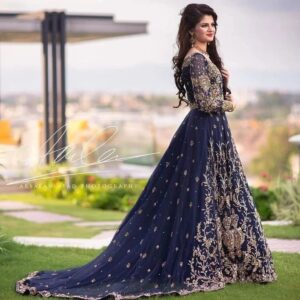 Blue long trail gown with embroidery
