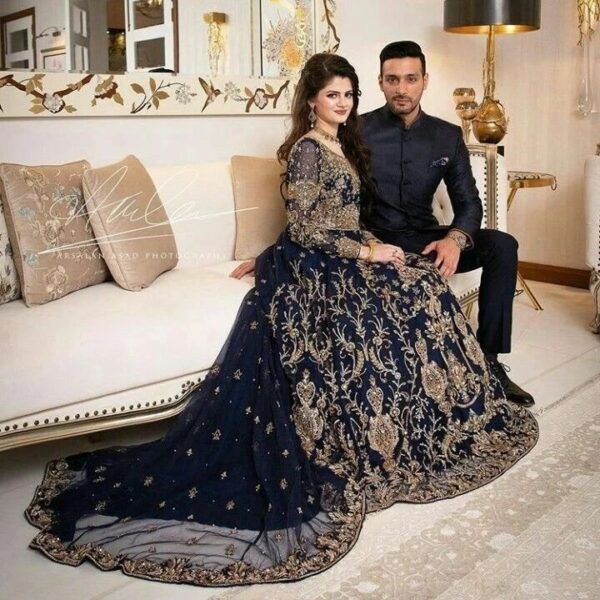 Long trail gown with hand work