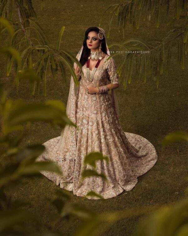 wedding long trail gown with hand work