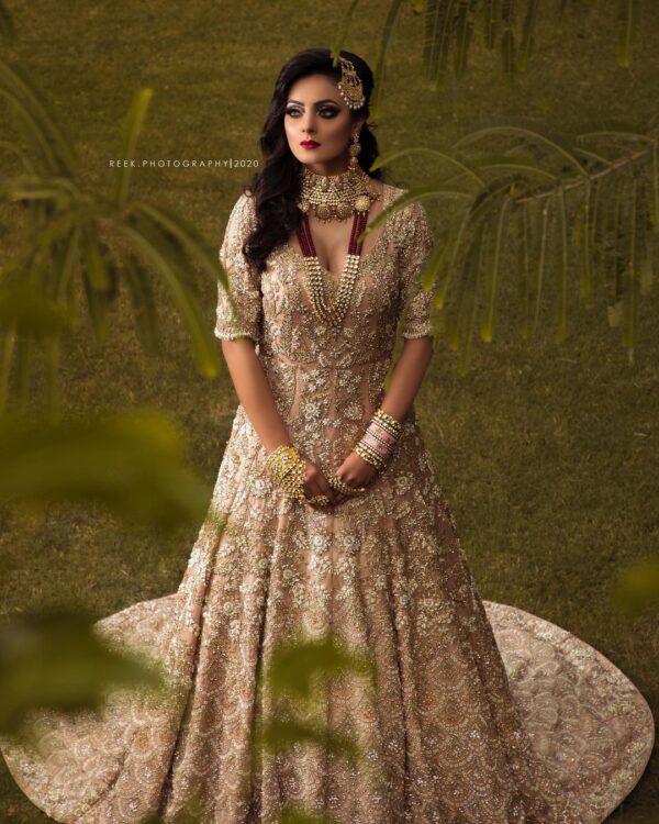 golden embroidered long trail gown