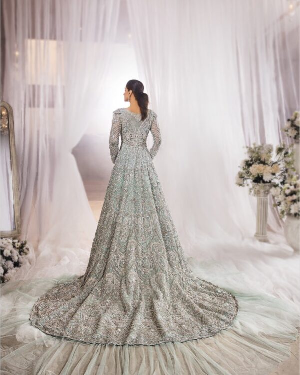 Ivory long trail gown with hand work