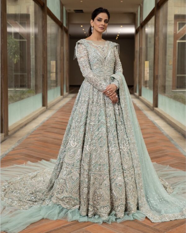long embroidered bridal gown with long trail
