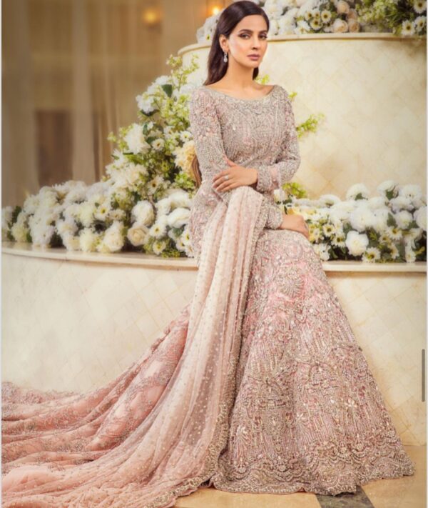 long trail wedding gown with hand work