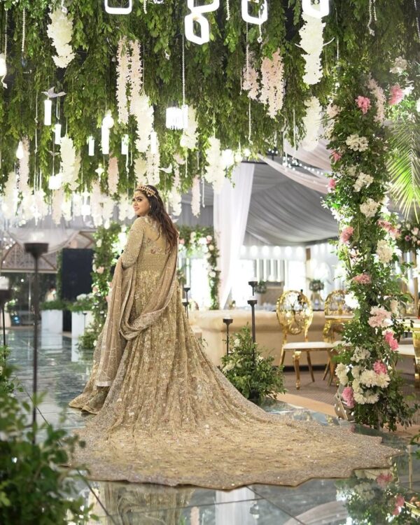 long trail wedding lehenga with handwork