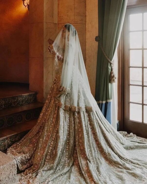 wedding long trail lehenga