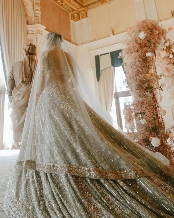 wedding long trail lehenga with handwork