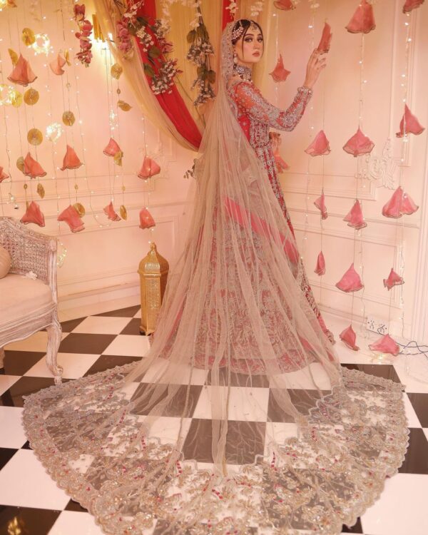 traditional wedding long split anarkali with lehenga
