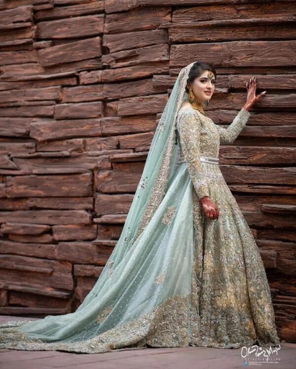 long trail wedding gown with handwork