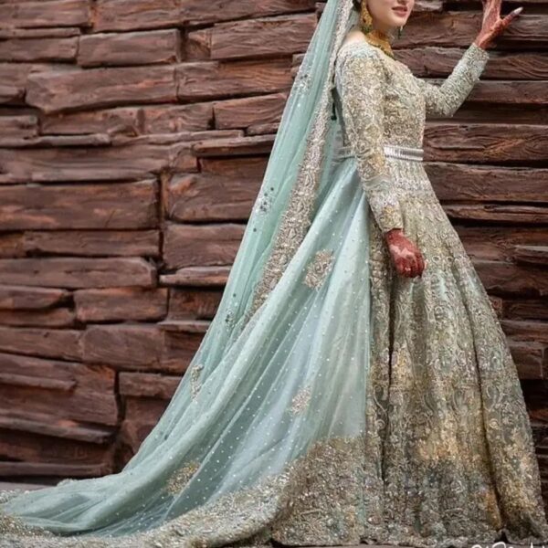 long trail wedding gown with handwork