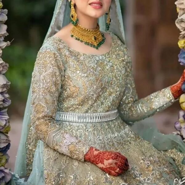 long trail wedding gown with handwork