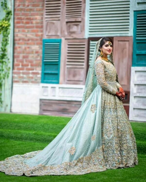 Light mint wedding long trail gown