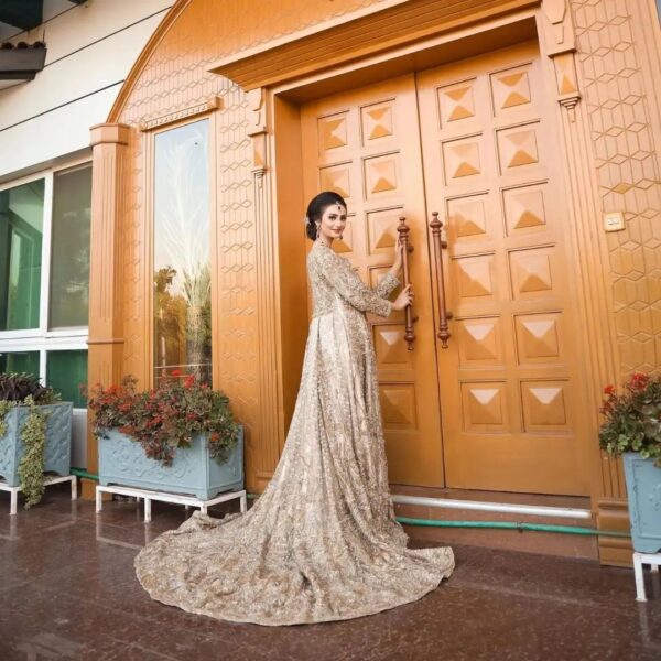 wedding long trail gown with handwork
