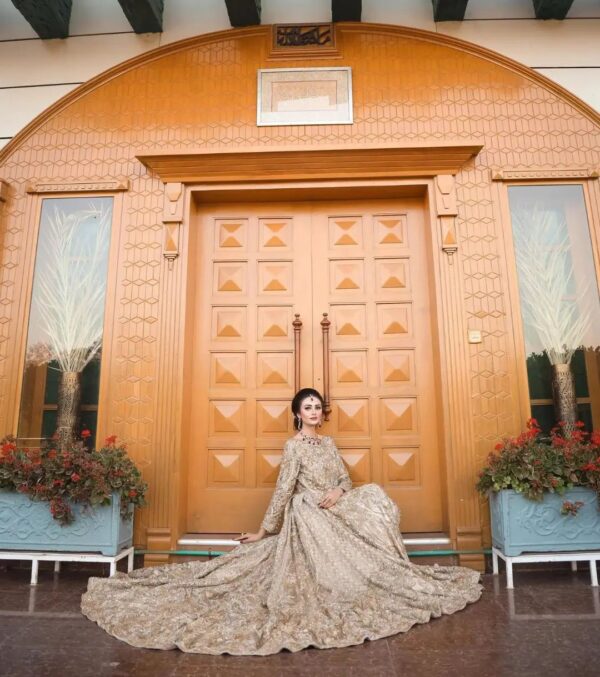 long trail wedding gown with handwork