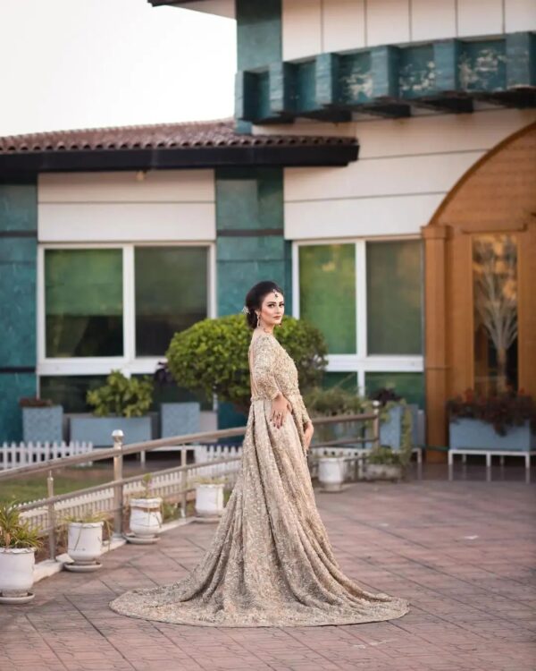 long trail wedding gown with handwork