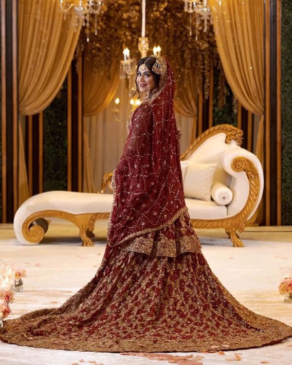 wedding long trail bridal lehenga with handwork