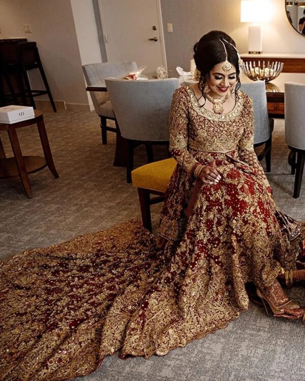 long trail wedding lehenga with handwork