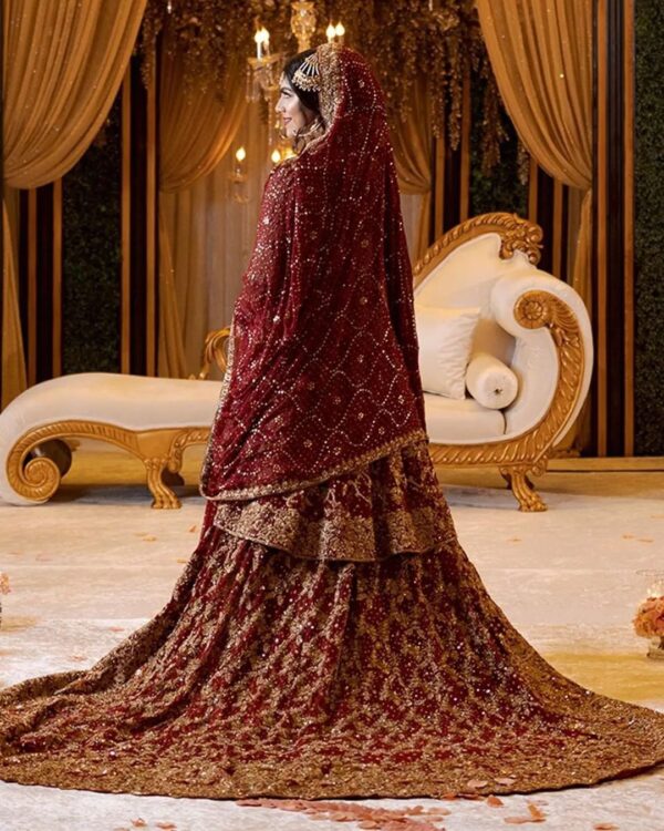 red long trail wedding lehenga