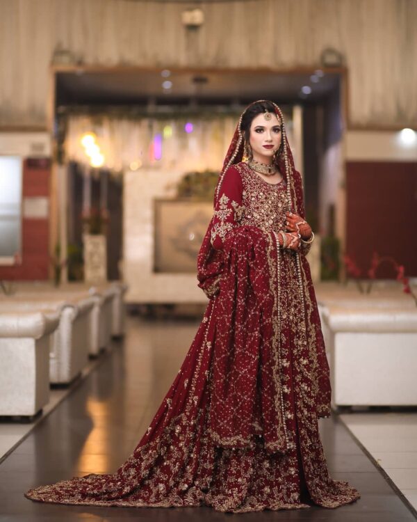 red long trail anarkali with lehenga