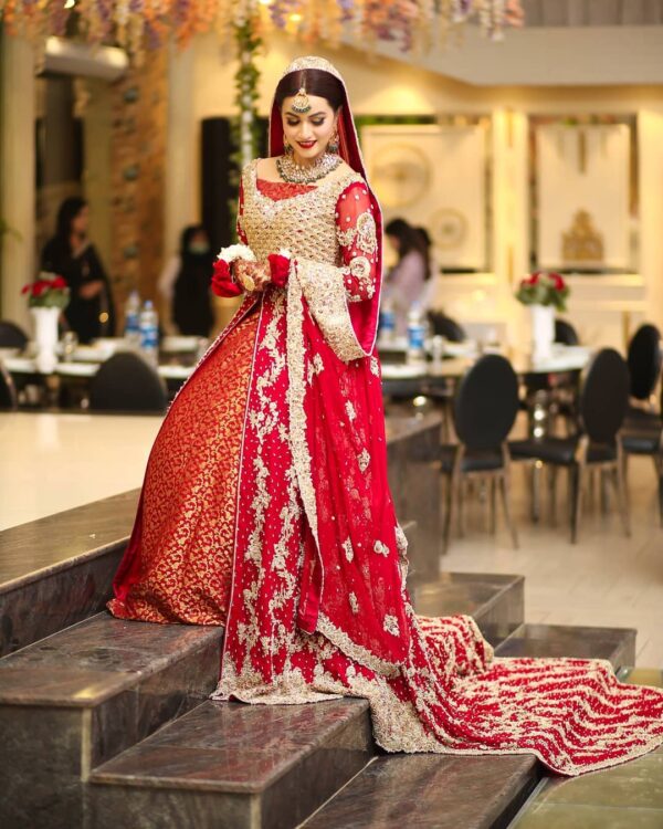 red long trail anarkali with lehenga