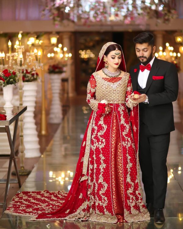 Red wedding long embroidery split kameez with lehenga