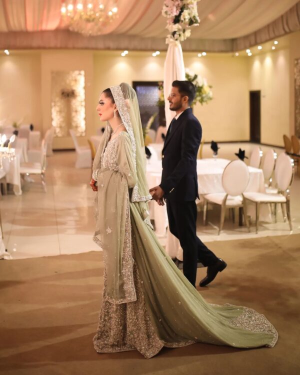 wedding long trail gown with silver embroidery
