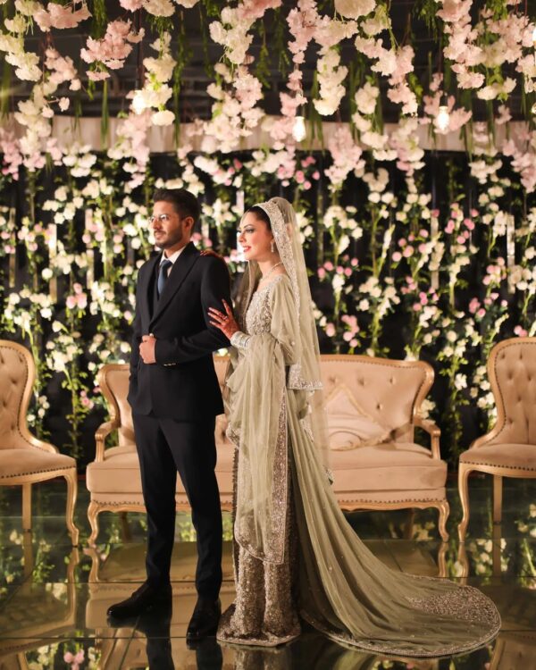 wedding long trail gown with silver embroidery