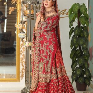 Red and golden embroidery lehenga with pearls work