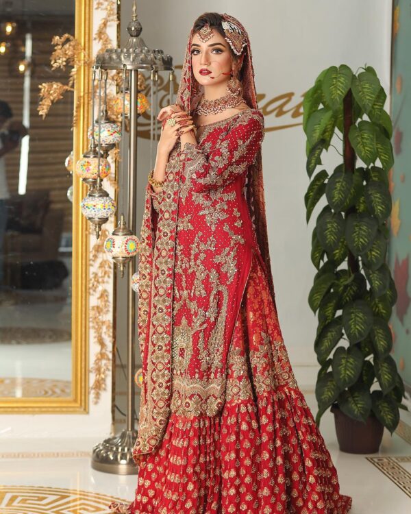 Red and golden embroidery lehenga with pearls work