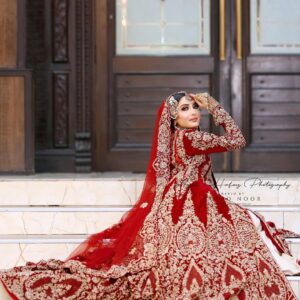 red wedding long trail anarkali with lehenga