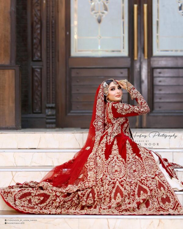 red wedding long trail anarkali with lehenga
